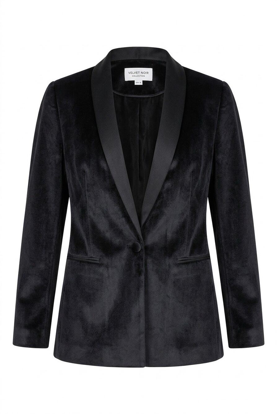 Tu Woman Black Velvet Tuxedo Blazer Jacket Satin Lapels single-button Women's 14